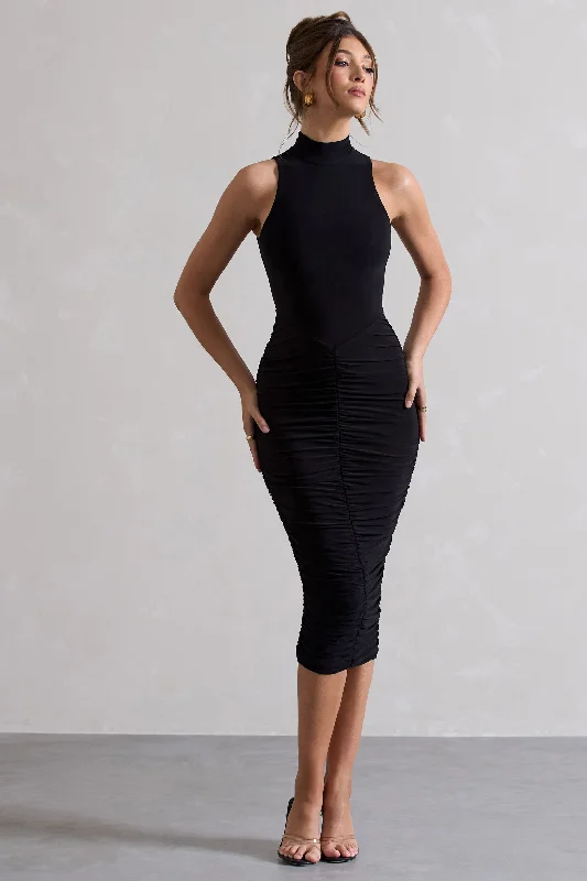 Midi Dresses for chic casual wear-Sidnie | Black Ruched Bodycon High-Neck Midi Dress