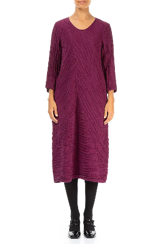 Midi Dresses for Easter celebrations-Crinkled Magenta Silk Linen Midi Dress