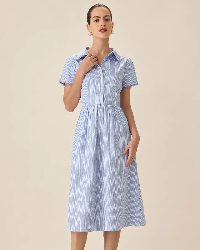 Midi Dresses for trendy spring wear-Blue Striped Button Midi Dress