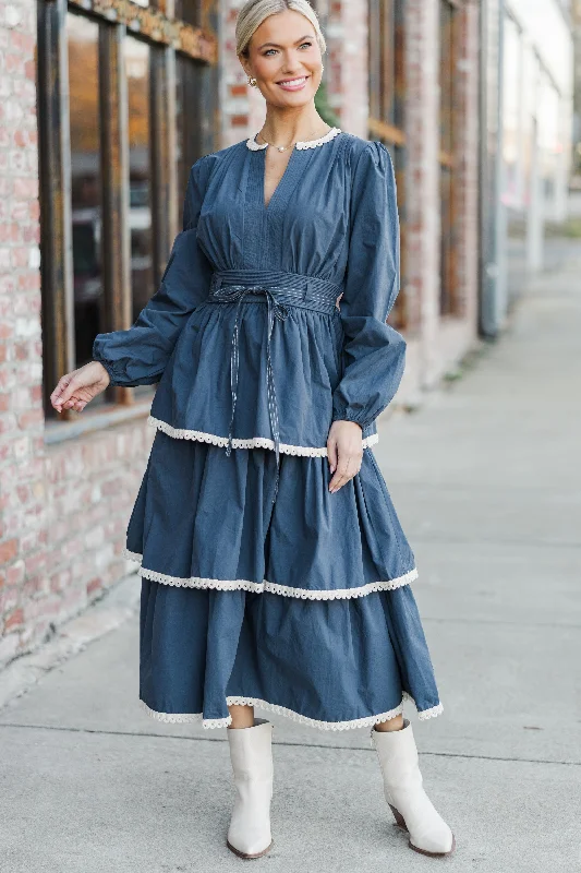 Midi Dresses for casual family holiday gatherings-Count You In Navy Blue Rickrack Midi Dress