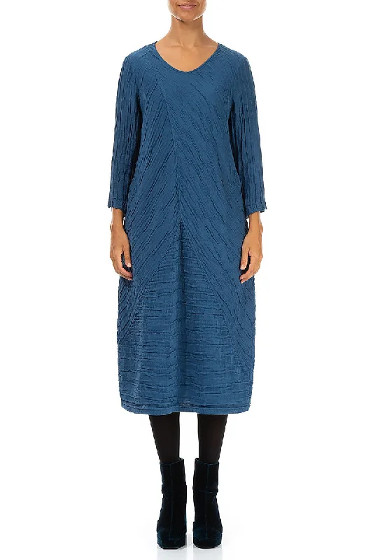 Midi Dresses for family reunion gatherings-Crinkled Azure Silk Linen Midi Dress