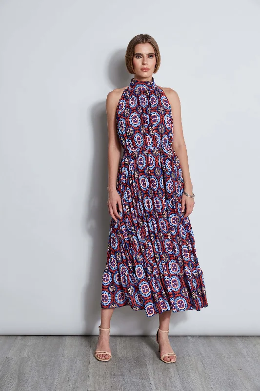 Midi Dresses for Easter celebrations-T-Tahari Pleated Print Halter Midi Dress