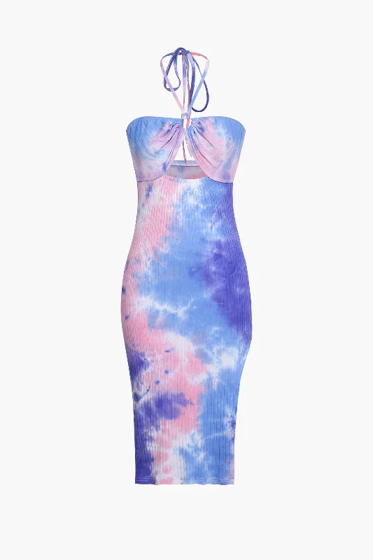 Midi Dresses for evening spring parties-Blue Tie Dye Halter Neck Midi Dress