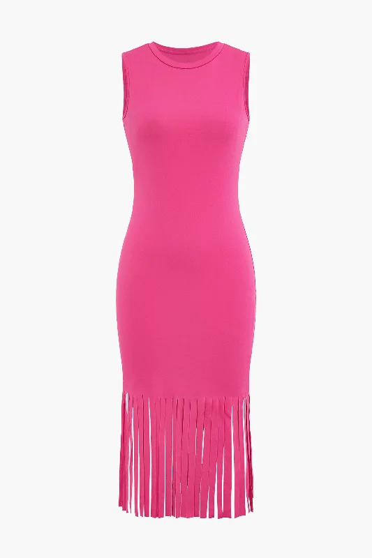 Midi Dresses for wedding guests-Fringe Hem Sleeveless Midi Dress