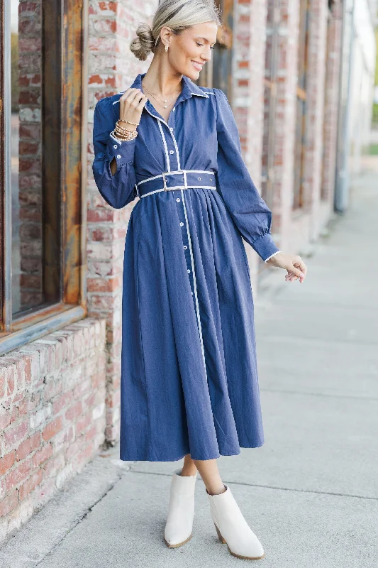 Midi Dresses for winter family gatherings-Tell Your Story Navy Blue Contrast Midi Dress