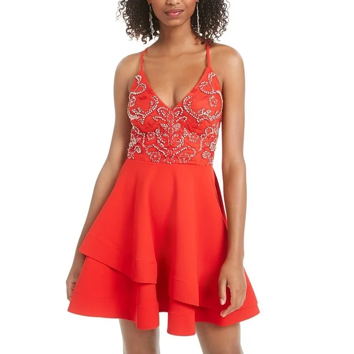 B. Darlin Women's Beaded Spaghetti Strap V Neck Short a Line Cocktail Dress Red Size 1-2