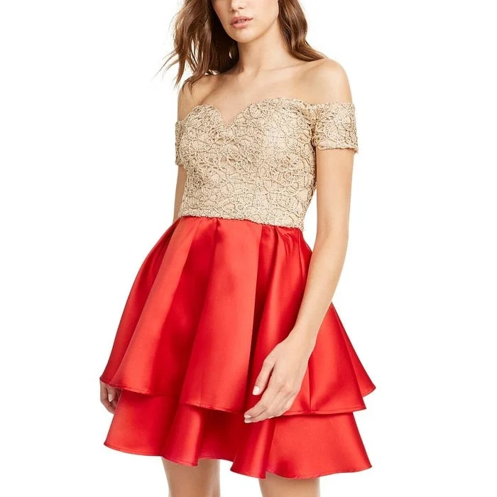 B Darlin Women's Cap Sleeve Short Ruffled Cocktail Dress Red