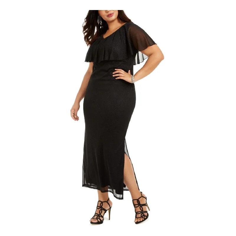 Connected Apparel Women's Shimmering Short Sleeve V Neck Below The Knee Sheath Cocktail Dress Black Size 22W