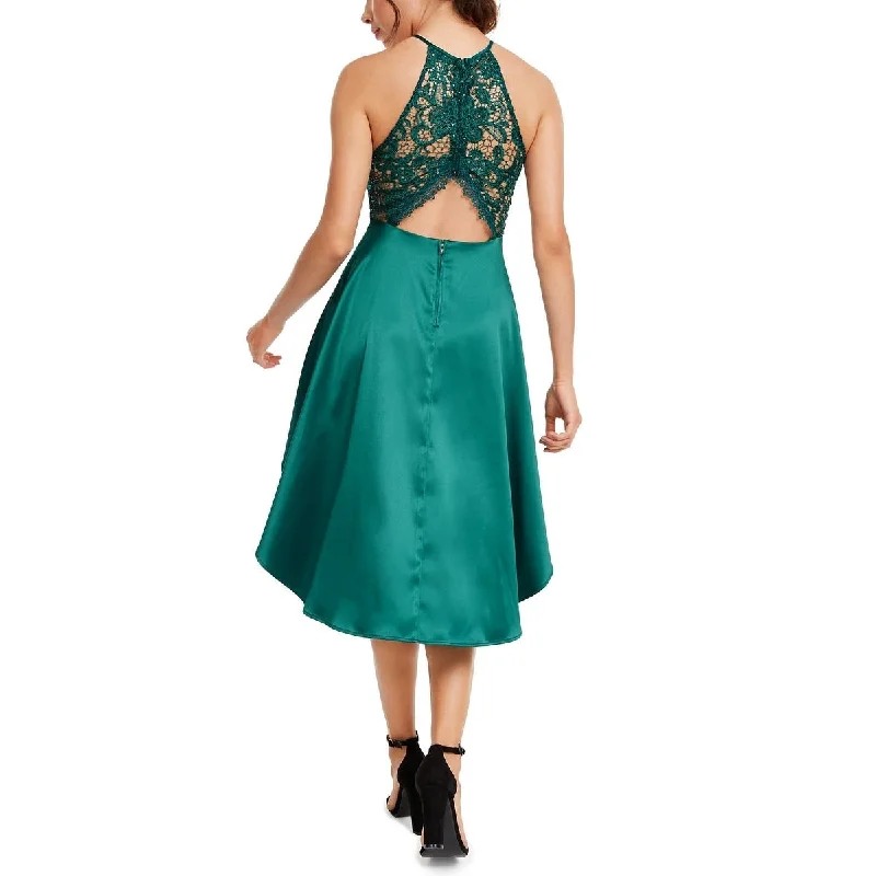 Full-Skirt Gold Satin Long Party Dress-Crystal Doll Women's Sleeveless Halter Tea Length Hi Lo Cocktail Dress Green Size 11