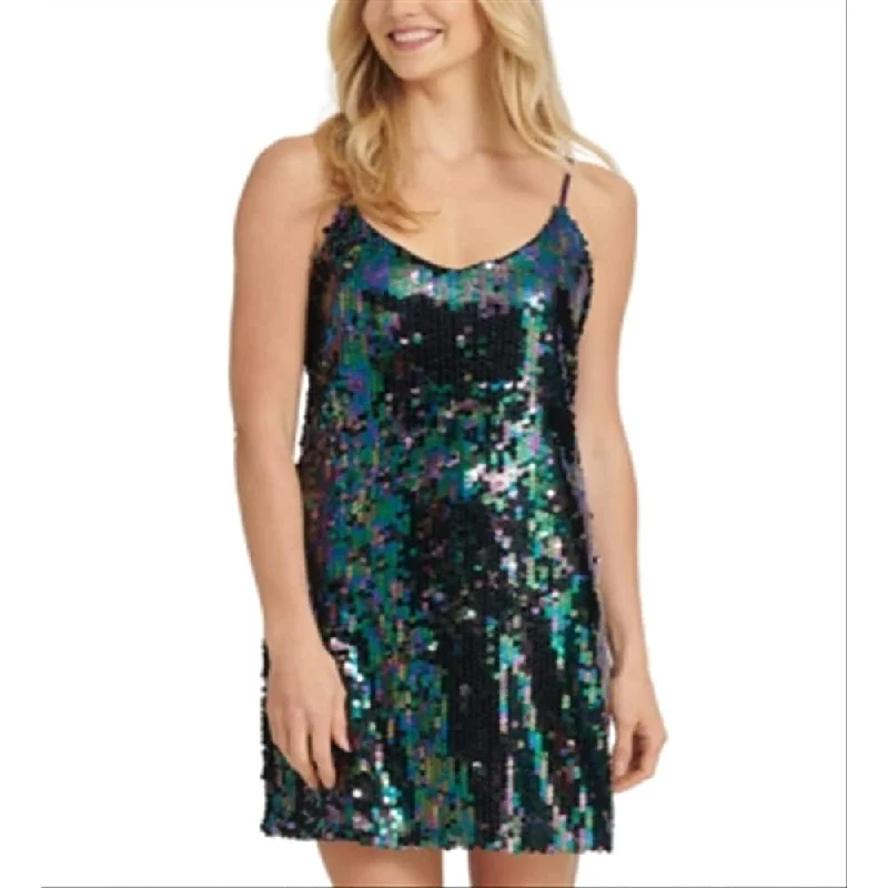 Soft Blue Sequin Long Party Dress-Dkny Women's Sequined Spaghetti Strap V Neck Short Cocktail Fit Flare Dress Green Size Medium