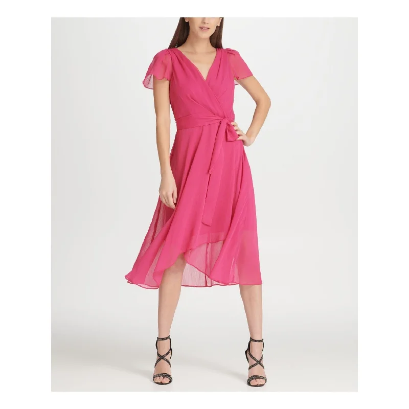 Full-Skirt Green Tulle Long Party Dress-DKNY Women's Short Sleeve V Neck Tea Length Sheath Cocktail Dress Pink Size 4