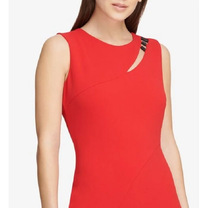 Trendy Pink Satin Long Party Dress-Dkny Women's Sleeveless Jewel Neck Above The Knee Sheath Cocktail Dress Red Size 16