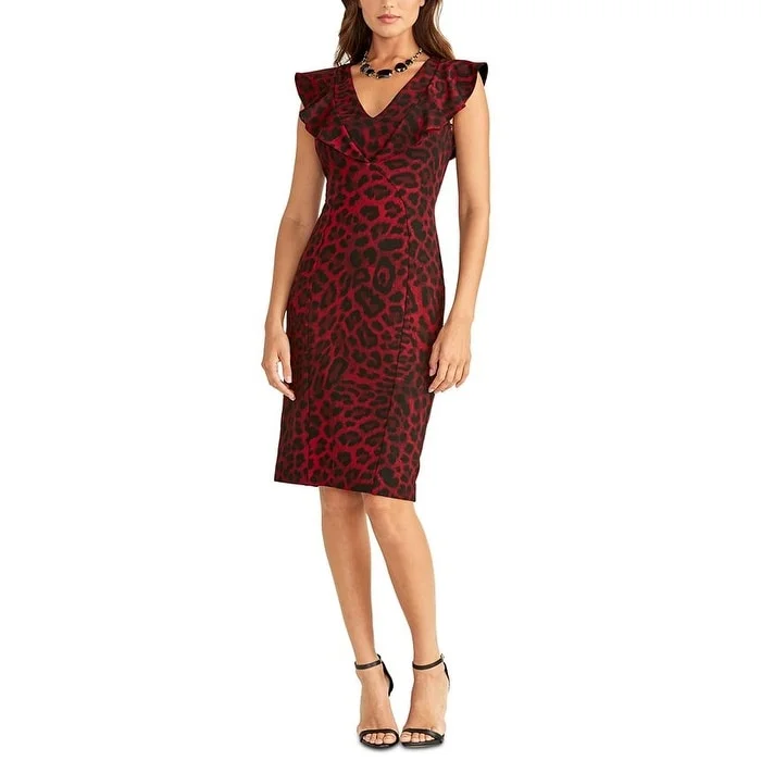 Rachel Roy Women's Animal Print Petal Sleeve V Neck Knee Length Body Con Cocktail Dress Red Size Small