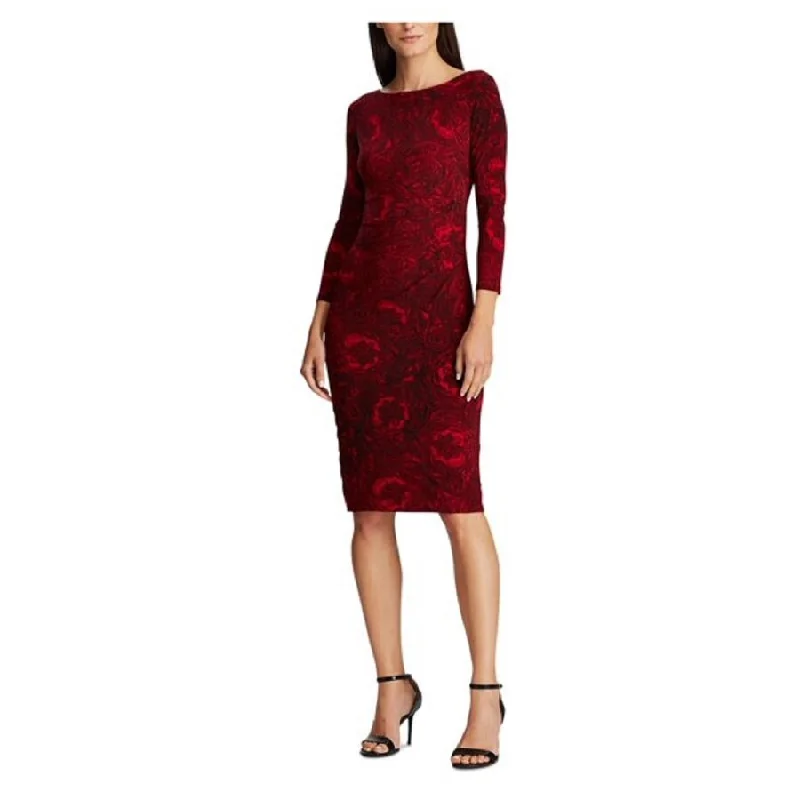 Ralph Lauren Women's Jewel Neck Knee Length Sheath Cocktail Dress Red Size 16