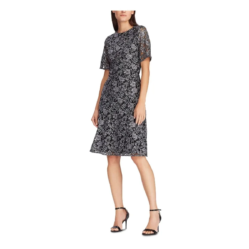 Ralph Lauren Women's Lace Zippered Floral Bell Sleeve Jewel Neck Knee Length Fit Flare Cocktail Dress Gray Size 2