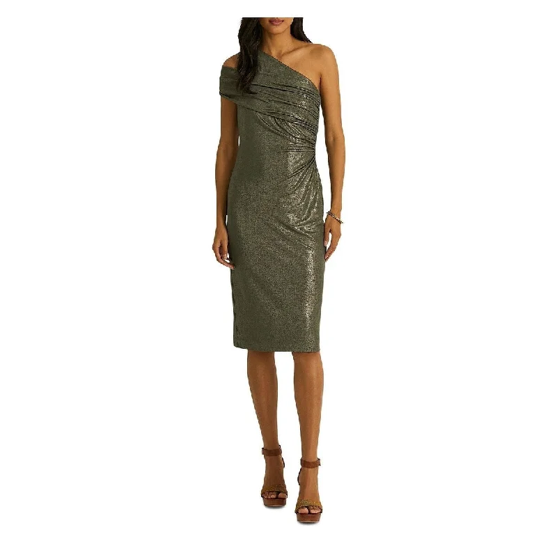 Gorgeous Silver Velvet Long Party Dress-Ralph Lauren Women's Zippered Slitted Double Strap Detail Shirred Asymmetrical Neckline Cocktail Dress Green Size 12