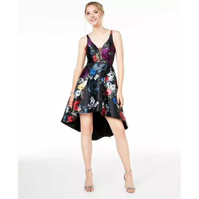 Sequin Hearts Women's Floral Print High/Low Mikado Cocktail Dress Black Red Size 1