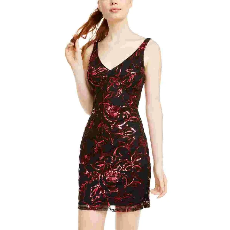 Sequin Hearts Women's Sequined Printed Sleeveless V Neck Short Body Con Cocktail Dress Wine Size 13