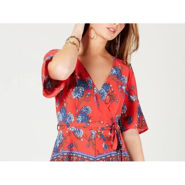 Romantic Blue Velvet Long Party Dress-Trixxi Women's Low Back Tie Neck Floral Short Sleeve V Neck Wrap Cocktail Romper Red Size Small