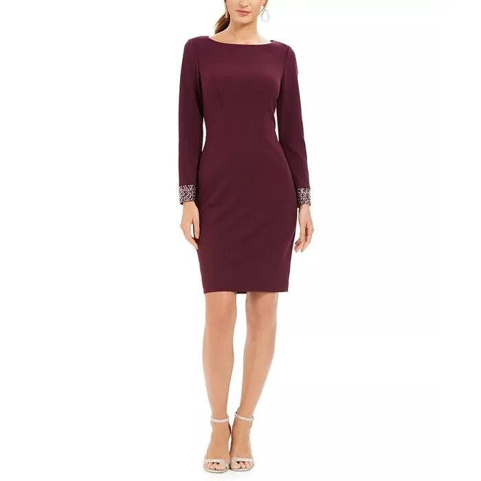 Romantic Pink Satin Long Party Dress-Vince Camuto Women's Embellished Long Sleeve Cocktail Dress Purple Size 14