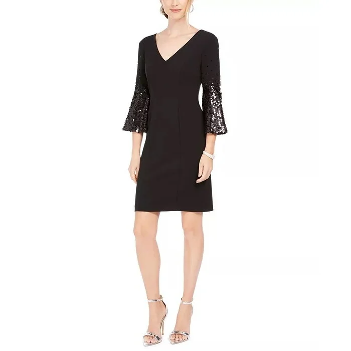 Elegant Black Sequin Long Party Dress-Vince Camuto Women's Sequin Flare Sleeve Cocktail Dress Black Size 6