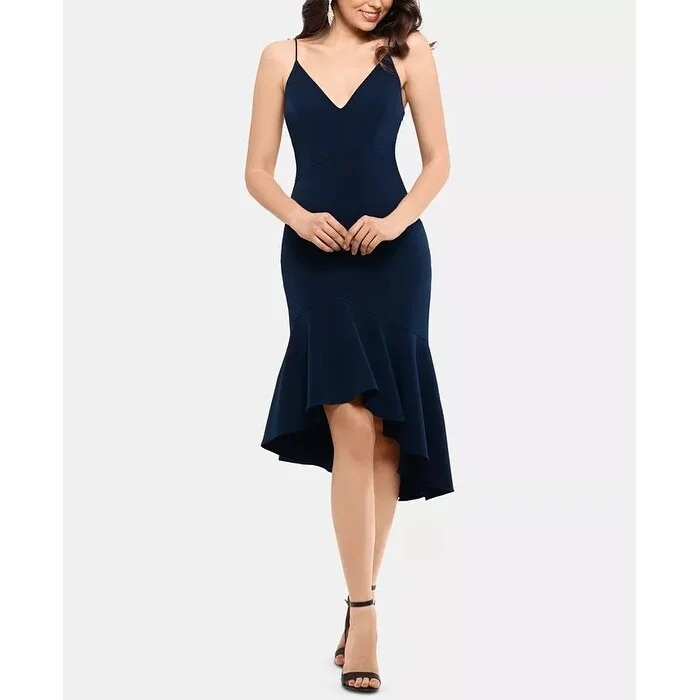 XSCAPE Women's Asymmetric Ruffled Cocktail Dress Navy Size 6