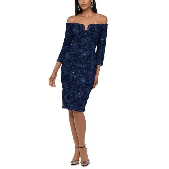 XSCAPE Women's Lace Off The Shoulder Cocktail Dress Blue Size 12