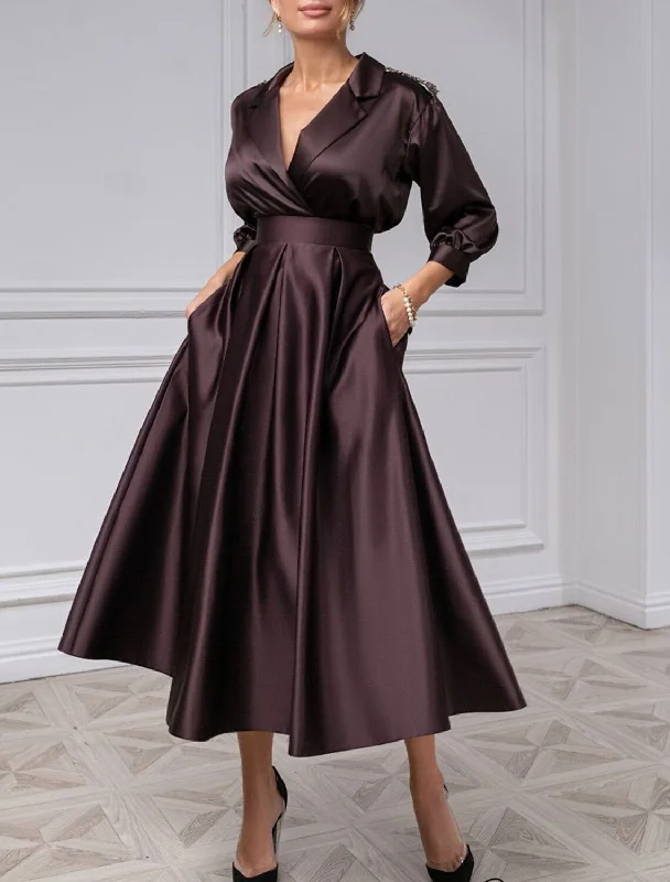 Elegant Off-Shoulder Green Long Party Dress-A-Line Cocktail Dresses Elegant Dress Wedding Guest Evening Party Tea Length 3/4 Length Sleeve Shirt Collar Satin with Pleat