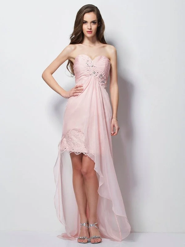 A-Line/Princess Sweetheart Sleeveless Beading Applique High Low Chiffon Dresses