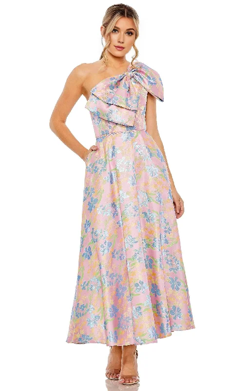 Soft Pink Satin Long Party Dress-A-Line Tea length Floral Printed One Shoulder Dress Cocktail Dresses