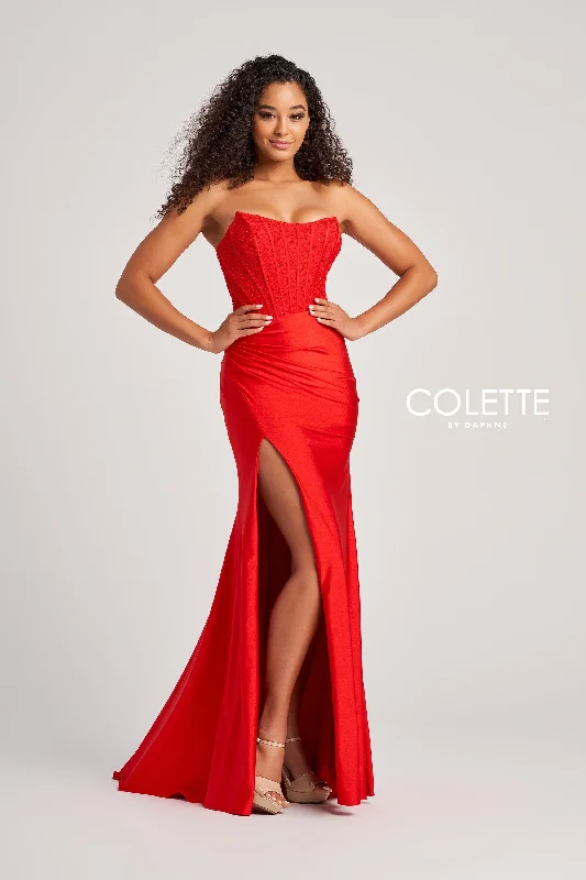 Evening Dress with Satin Bodice and Feathered Skirt-Colette: CL5158