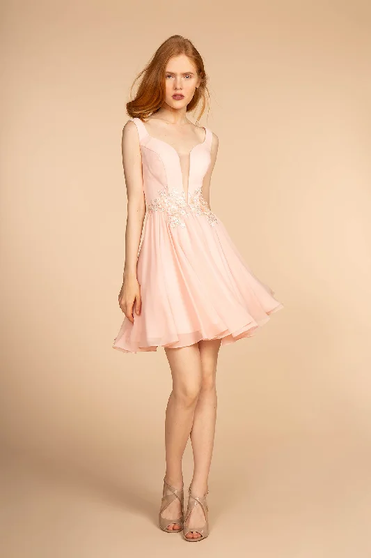 Gorgeous Pink Long Party Dress-Elizabeth K - GS1617 - Illusion Deep V-Neck Chiffon Cocktail Dress - Short