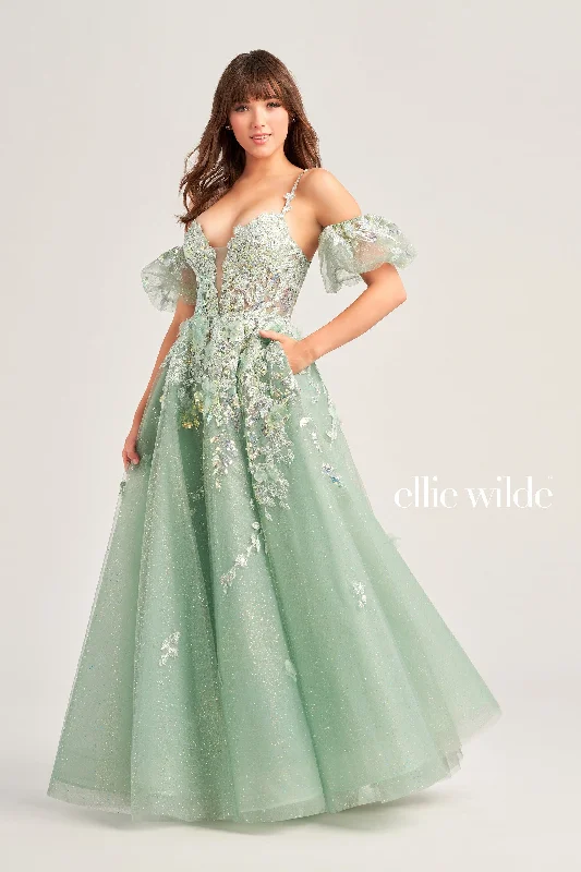 Evening Dress with Satin Bodice and Sequin Layers-Ellie Wilde: EW35205