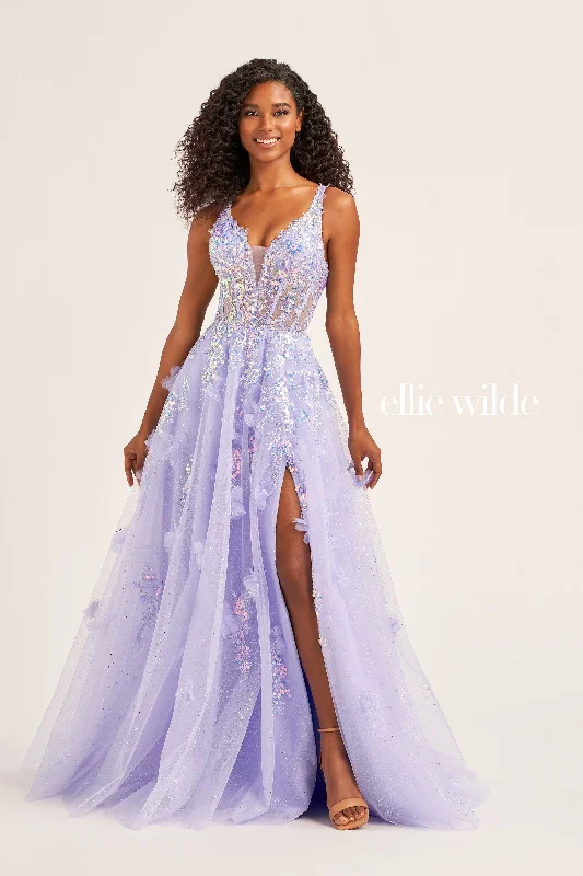 Evening Dress with Beaded Bodice and Lace Skirt-Ellie Wilde: EW35047