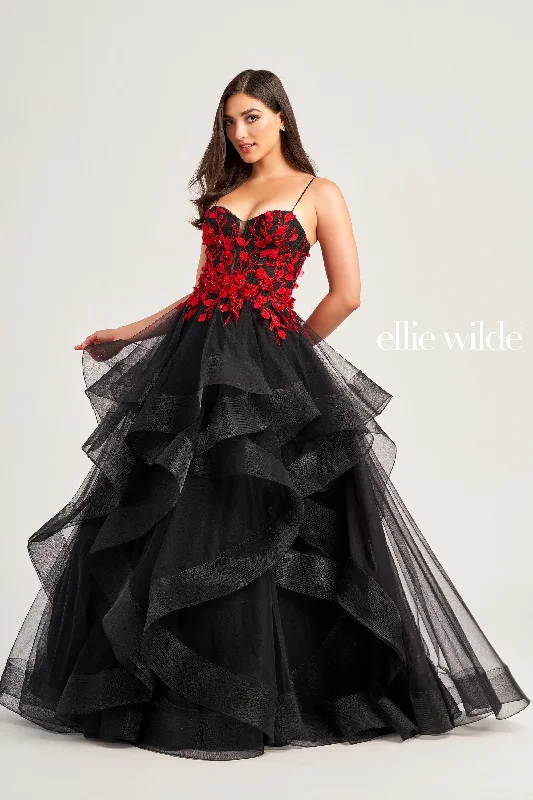 Evening Dress with Lace Appliqué and Beads-Ellie Wilde: EW35070