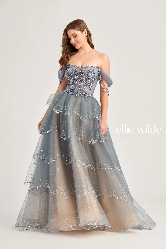 Evening Dress with Silk Bodice and Feathered Skirt-Ellie Wilde: EW35040