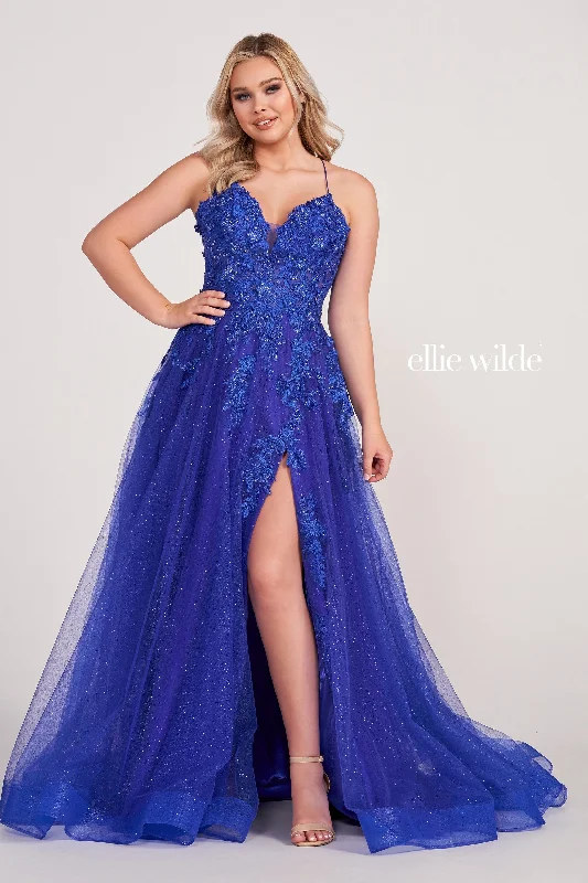 Evening Dress with Satin Bodice and Lace Applique-Ellie Wilde: EW34042