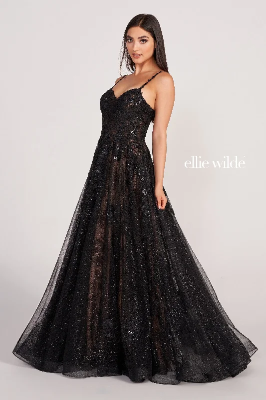 Evening Dress with Feather Skirt and Satin Bodice-Ellie Wilde: EW34117