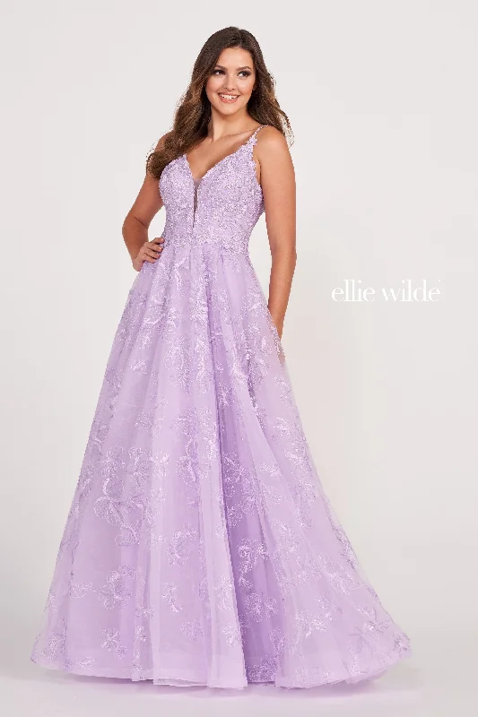 Evening Dress with Feathered Bodice and Satin-Ellie Wilde: EW34051