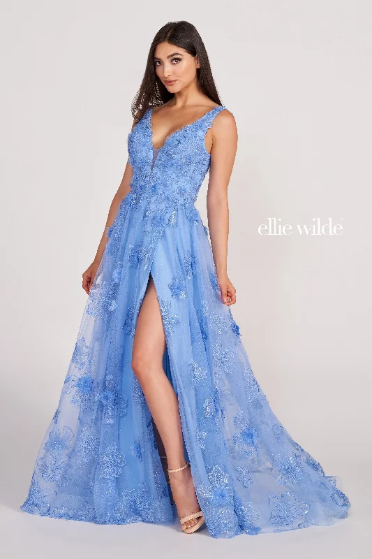 Evening Dress with Satin Skirt and Feather Trim-Ellie Wilde: EW34121