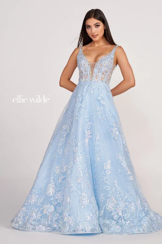 Evening Dress with Crystal Bodice and Lace-Ellie Wilde: EW34105