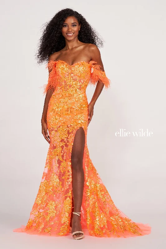 Evening Dress with Satin Bodice and Beaded Layers-Ellie Wilde: EW34034