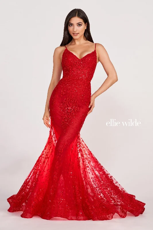 Evening Dress with Beads and Feather Bodice-Ellie Wilde: EW34030