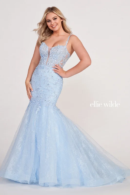 Evening Dress with Crystal Skirt and Lace Bodice-Ellie Wilde: EW34085