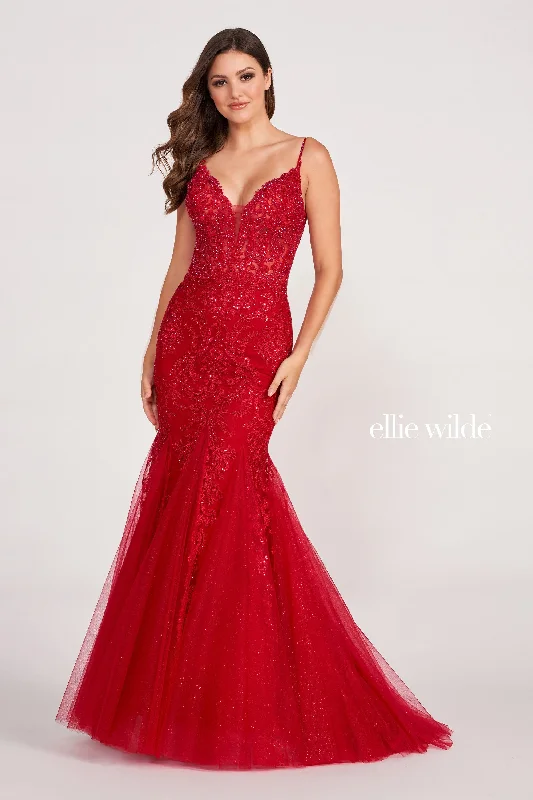 Evening Dress with Satin Skirt and Beads-Ellie Wilde: EW34033