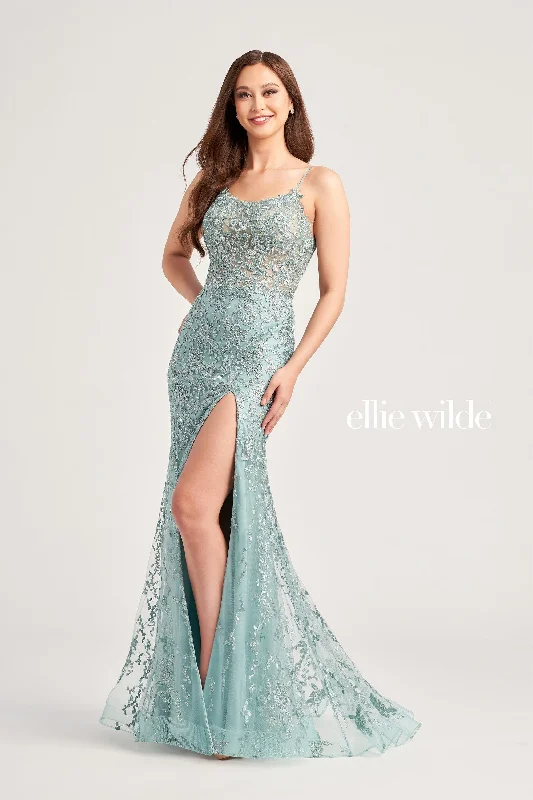 Evening Dress with Satin Skirt and Lace Bodice-Ellie Wilde: EW35223