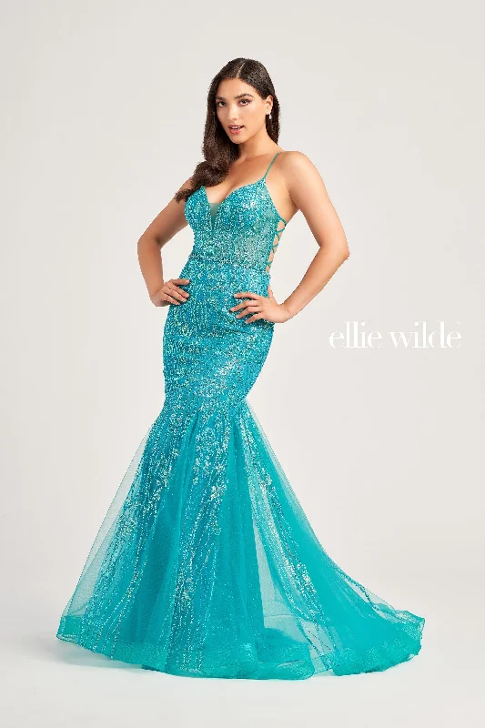 Evening Dress with Lace Bodice and Beaded Skirt-Ellie Wilde: EW35236