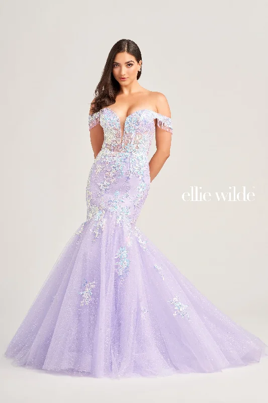 Evening Dress with Satin Bodice and Lace Applique-Ellie Wilde: EW35219