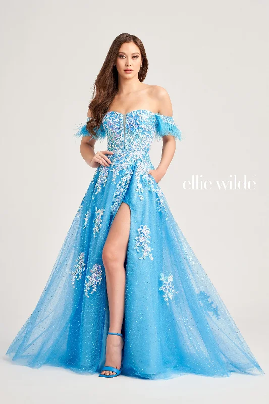 Evening Dress with Satin Bodice and Crystal Beads-Ellie Wilde: EW35220