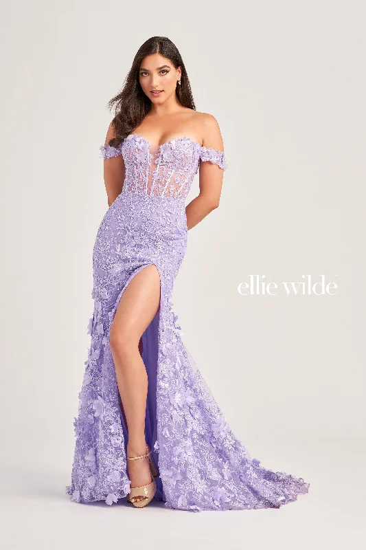 Evening Dress with Feathered Skirt and Lace Bodice-Ellie Wilde: EW35054